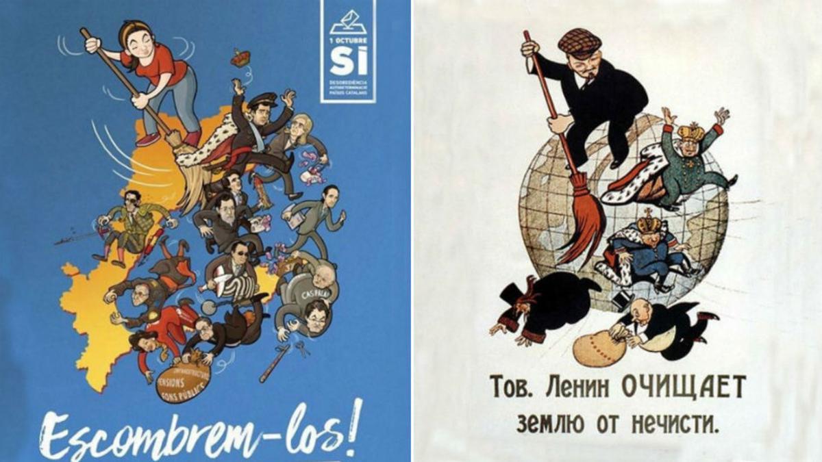 El cartel de la campaña de la CUP 'Barrámoslos', junto al de Lenin, en el que se inspira el de los 'cupaires'.