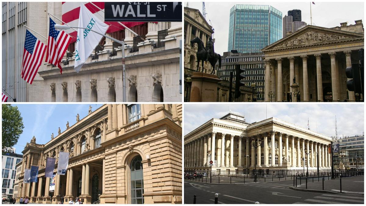 Collage de los edificios de la Bolsa en Estados Unidos, Londres, París y Frankfurt.
