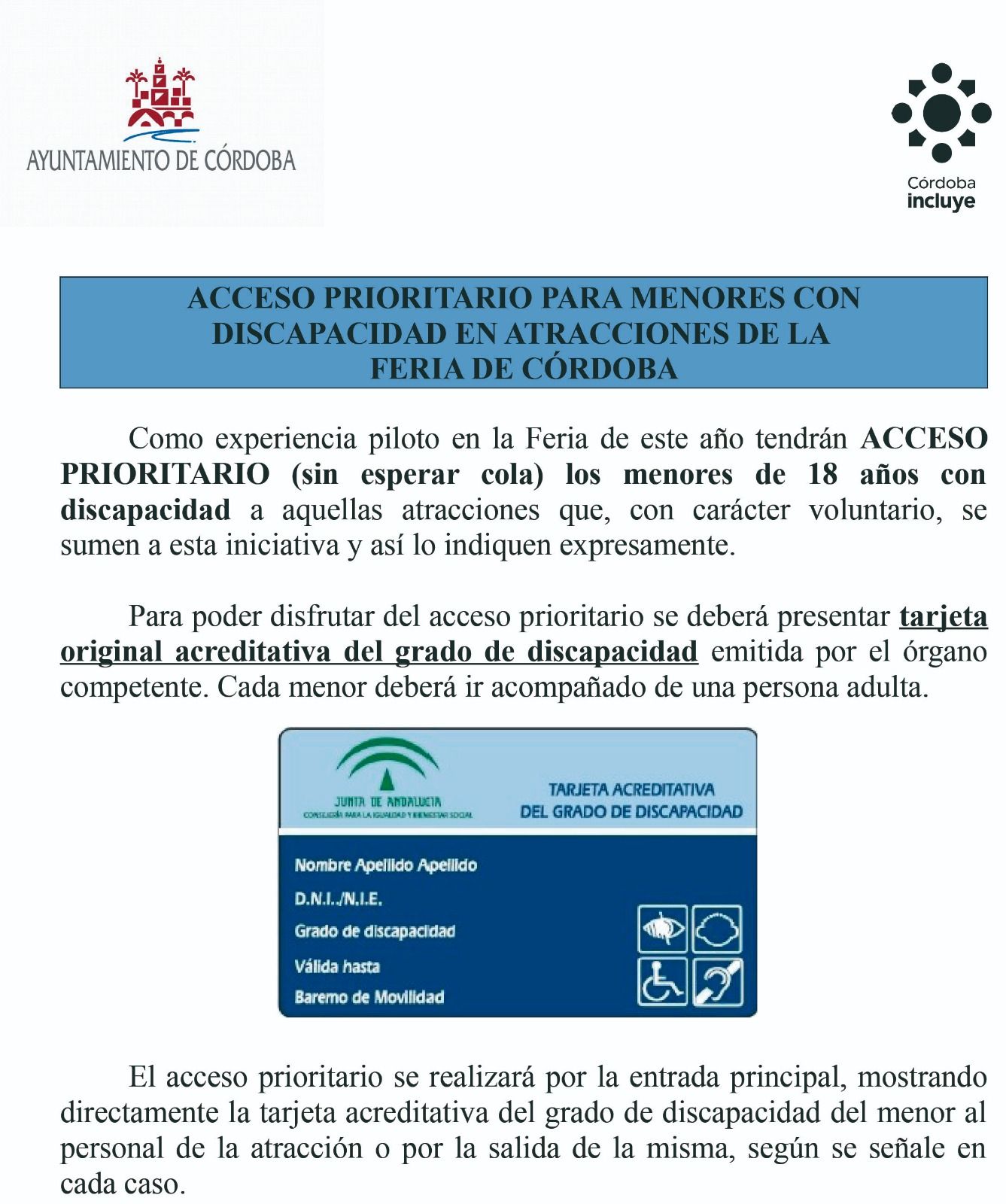 Tarjeta de discapacidad que se deberá presentar para el acceso prioritario a las atracciones de las personas con discapacidad.