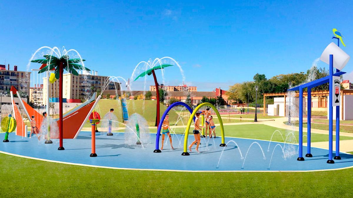 La zona de agua en el Parque del Parlamento de Andalucía en Castilleja de la Cuesta.