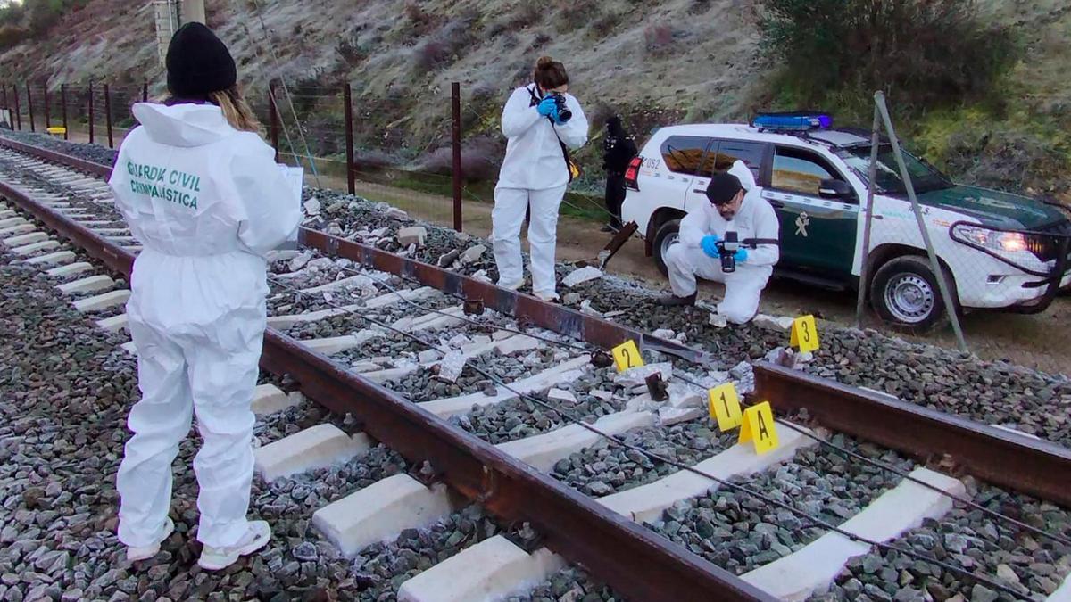 Agentes de la Guardia Civil inspeccionan la vía del tren donde descarrilaron dos trenes de alta velocidad en Adamuz
