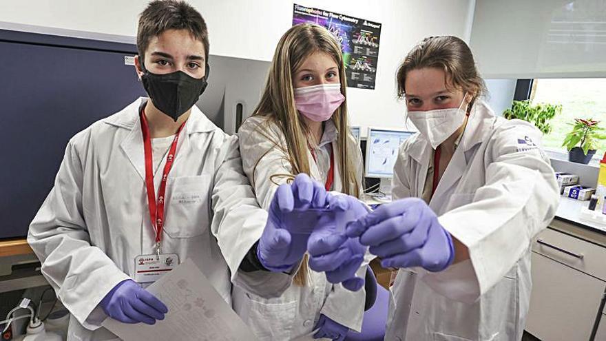 Elena Vidal, Dafne Sanchidrián y Blanca Navarro, nel llaboratoriu.