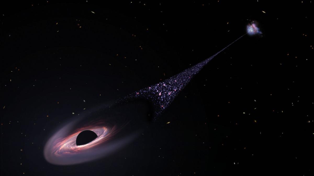 Recreación artística de un agujero negro supermasivo fuera de control, que fue expulsado de su galaxia anfitriona como resultado de una colisión con otros dos agujeros negros.