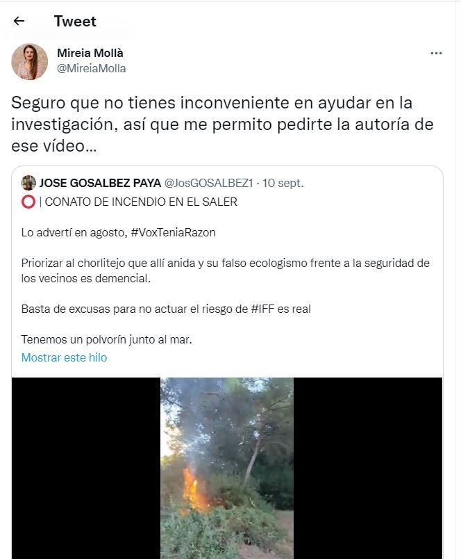 La consellera pide explicaciones al concejal por el video del incendio