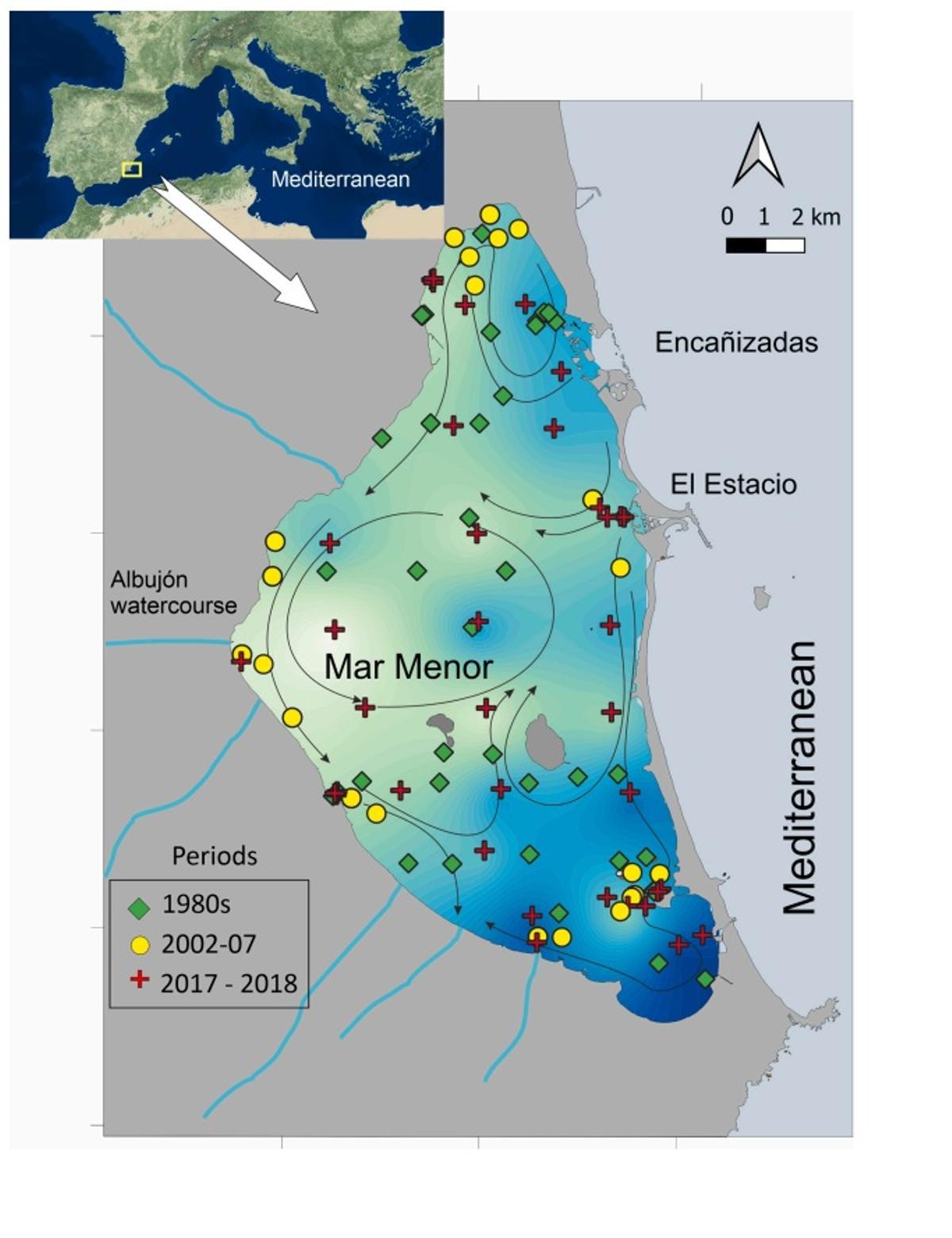 Gráfica del estudio con las estaciones de muestreo durante las tres fases: preeutrofización, eutrofización y poseutrofización.