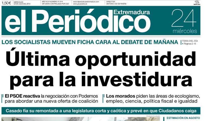 Esta es la portada de EL PERIÓDICO EXTREMADURA correspondiente al día 24 de julio del 2019