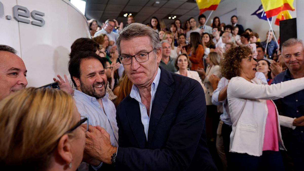 Alberto Núñez Feijóo durante la celebración de la ajustada victoria del PP en las elecciones europeas.