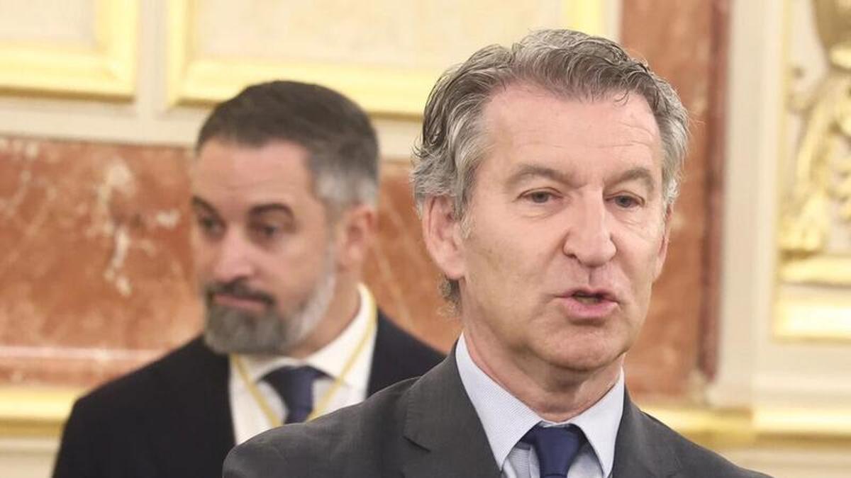 El presidente del PP, Alberto Núñez Feijóo, y a sus espaldas, el presidente de Vox, Santiago Abascal.