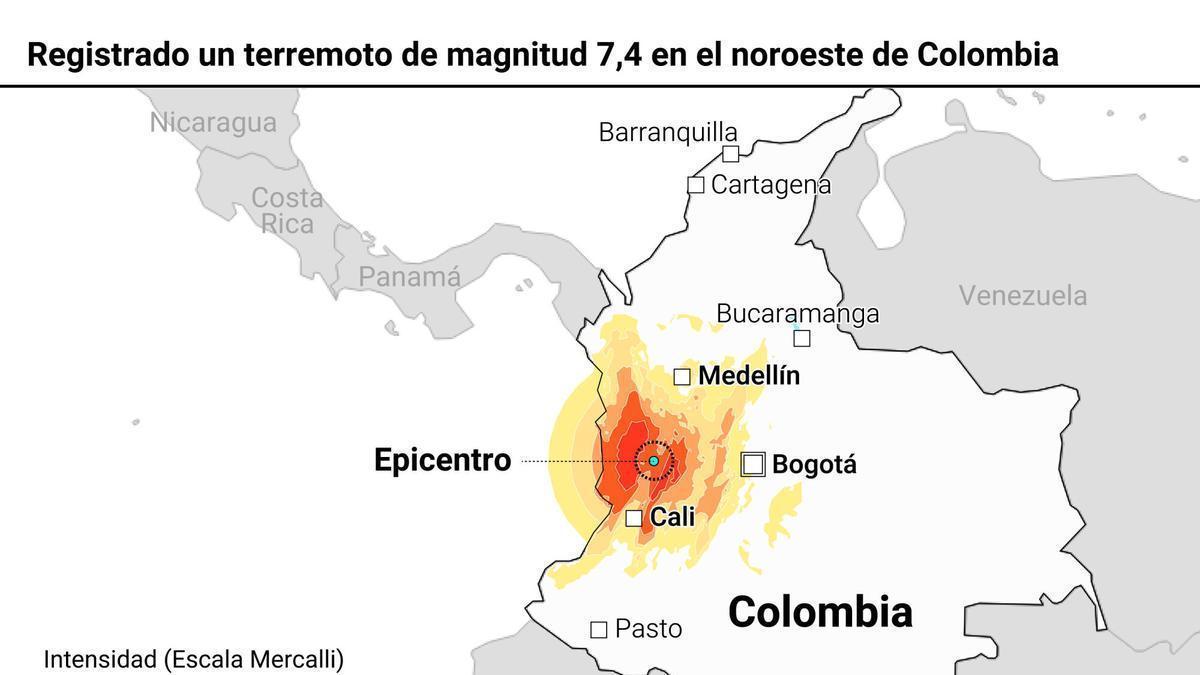 Mapa con localización del terremoto en Colombia. El Servicio Geológico de Estados Unidos (USGS) ha informado este lunes de que se ha registrado un terremoto de magnitud 7,4 en la escala de Richter con su epicentro a cinco kilómetros de la localidad de San José del Palmar, en el departamento colombiano de Chocó.
