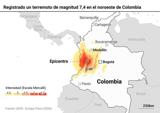 Mapa del terremoto en Colombia: epicentro en Pereira y San José del Palmar