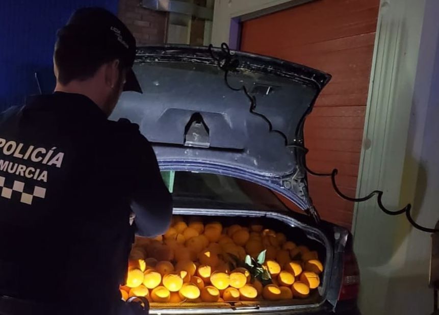 Un agente, junto al coche lleno de cítricos.