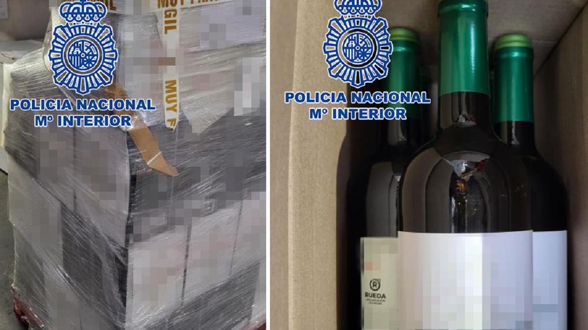 Un palé con las botellas de verdejo falsas y las botellas, con la etiqueta pixelada, en imágenes facilitadas por la Policía Nacional de Córdoba.