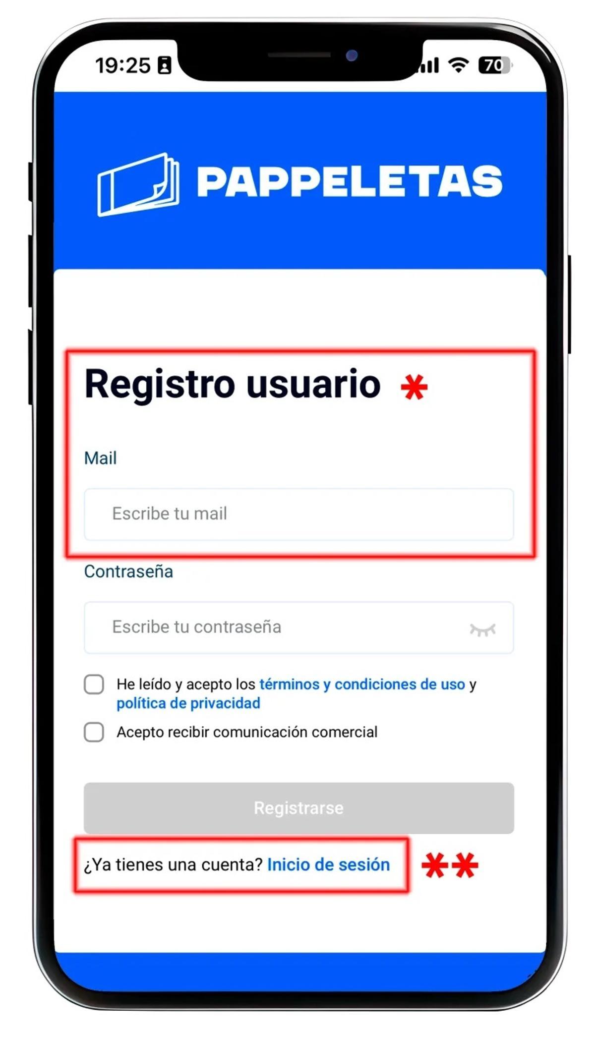 Ejemplo del proceso de registro en la aplicación Pappeletas.