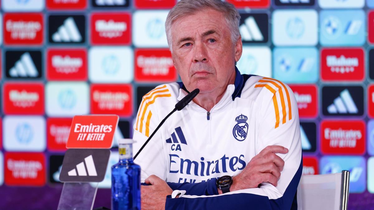 Carlo Ancelotti, técnico del Real Madrid, durante la conferencia de prensa de este viernes en Valdebebas