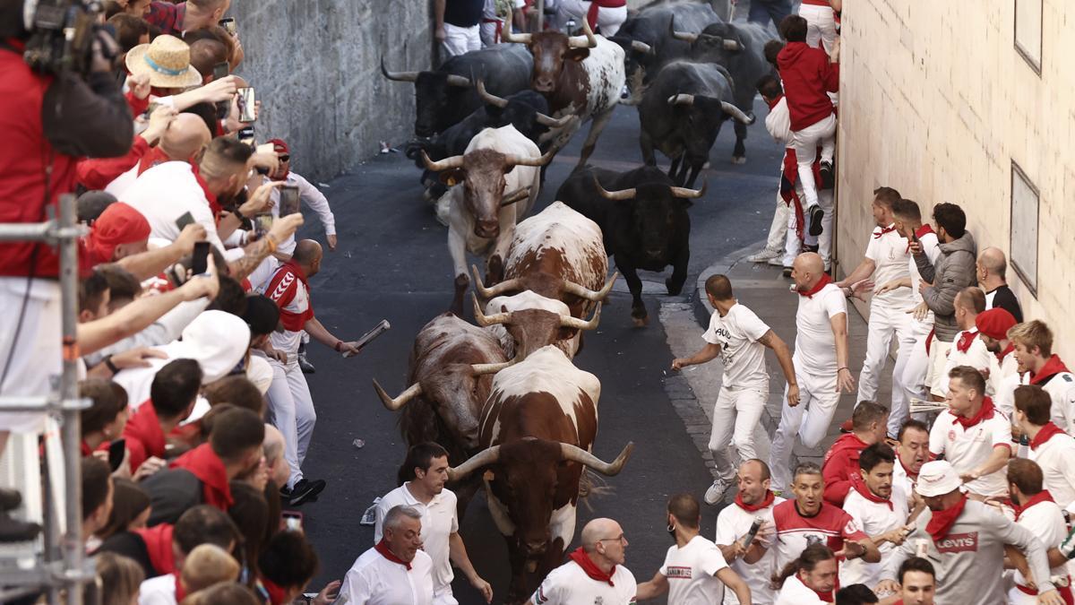 Los mozos corren ante los toros de la ganadería de José Escolar en el tramo de Santo Domingo del tercer del encierro de los Sanfermines 2022.