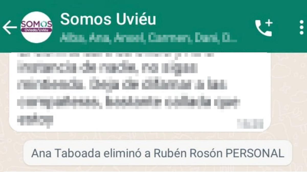 Captura de pantalla del chat en el grupo de Somos con la expulsión de Rosón.