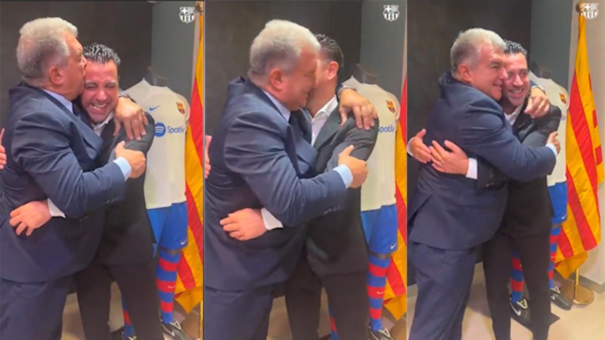 Laporta besa y abraza a Xavi tras firmar la renovación del técnico hasta 2025