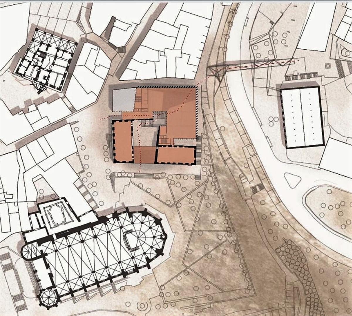Plànol zenital de situació del nou equipament, amb els edificis de l’ajuntament i de la basílica de la Seu a l’esquerra i la fàbrica de l’Aranya a la dreta