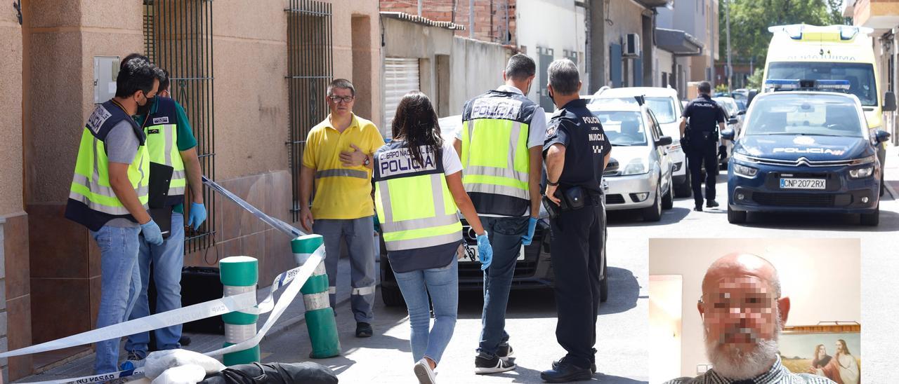 Policías en la calle de Churra donde se produjo el crimen, en agosto de 2020; en la foto pequeña, Francisco. / Juan Carlos Caval