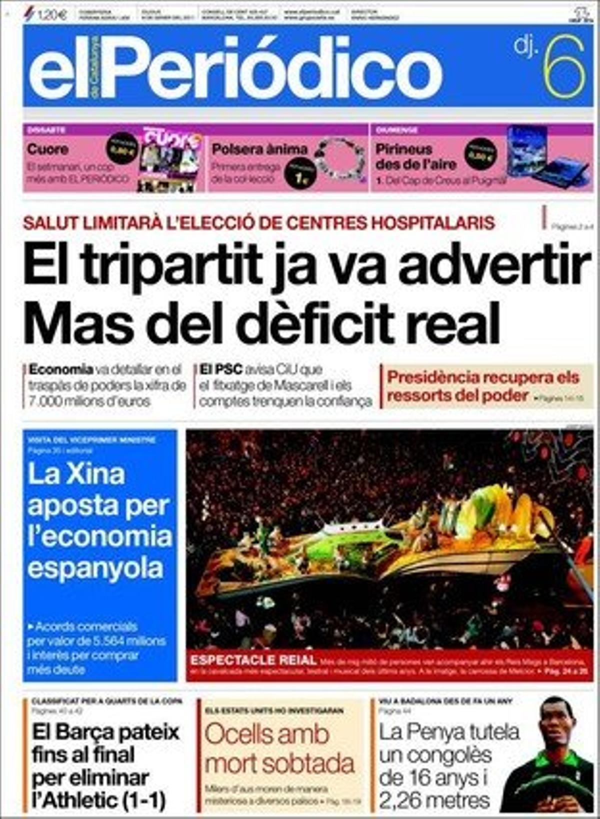 EL PERIÓDICO destaca a més que dos milions de discapacitats no disposen de vivenda accesible a Espanya; les cavalcades de Reis d’ahir al vespre; la tragèdia de Farah Diva a causa del suïcidi del segon dels seus tres fills, i la guerra publicitària i comercial d’Antena 3 i Tele 5.