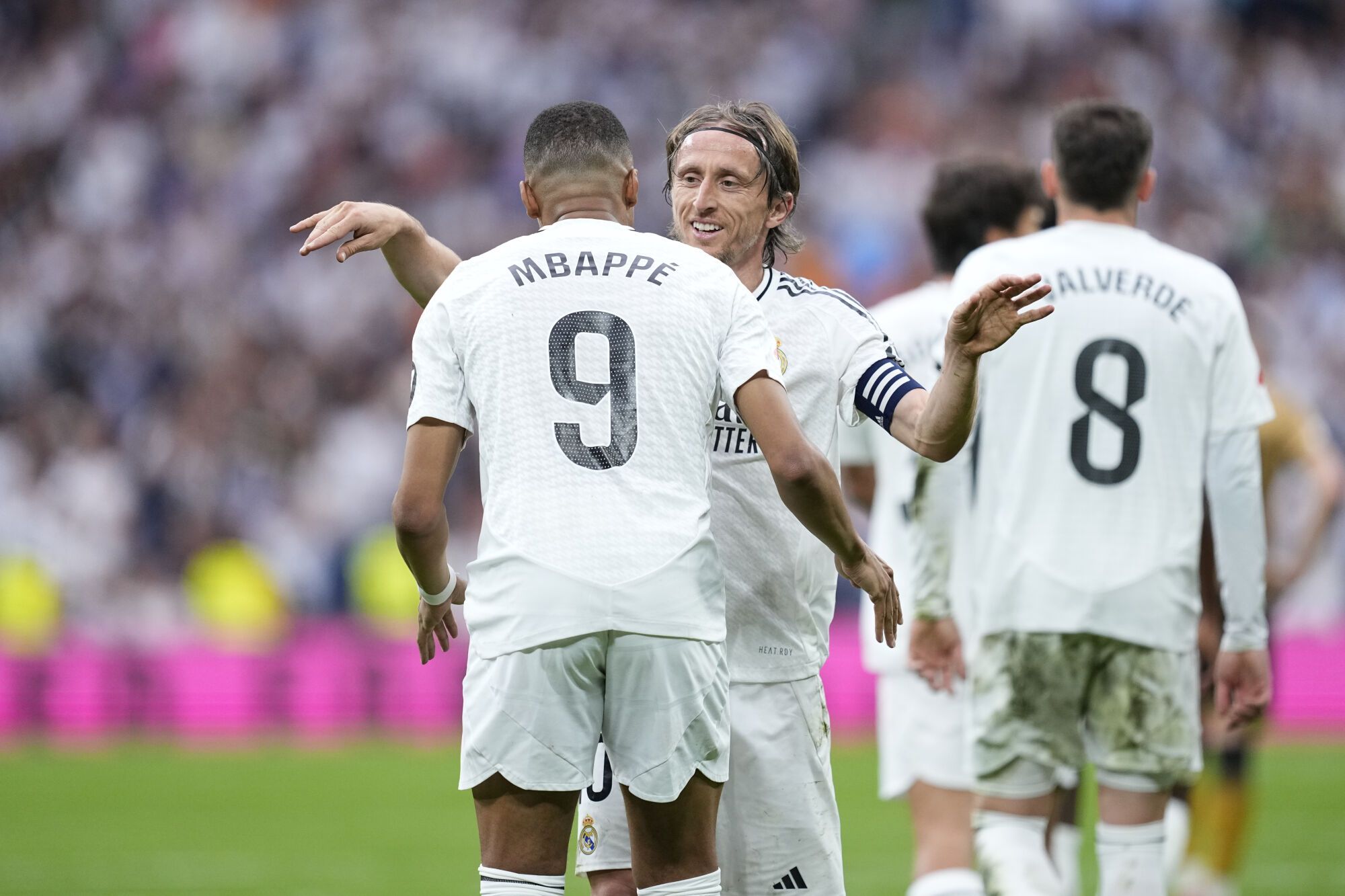 Kylian Mbappe of Real Madrid celebrates a goal with Luka Modric during the Spanish League, LaLiga EA Sports, football match played between Real Madrid and Real Sociedad on May 24, 2025, in Madrid, Spain. AFP7 24/05/2025 ONLY FOR USE IN SPAIN. Oscar J. Barroso / AFP7 / Europa Press;2025;SOCCER;SPAIN;SPORT;ZSOCCER;ZSPORT;Real Madrid v Real Sociedad - LaLiga EA Sports;