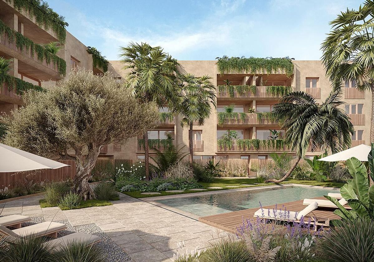 Recreación del patio interior con piscina comunitaria de las futuras viviendas