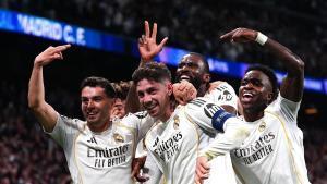 11 March 2026, Spain, Madrid: Real Madrids Federico Valverde celebrates his third goal and hat-trick with teammates during the UEFA Champions League soccer match between Real Madrid and Manchester City at the Santiago Bernabeu. Photo: Bradley Collyer/PA Wire/dpa 11/03/2026 ONLY FOR USE IN SPAIN