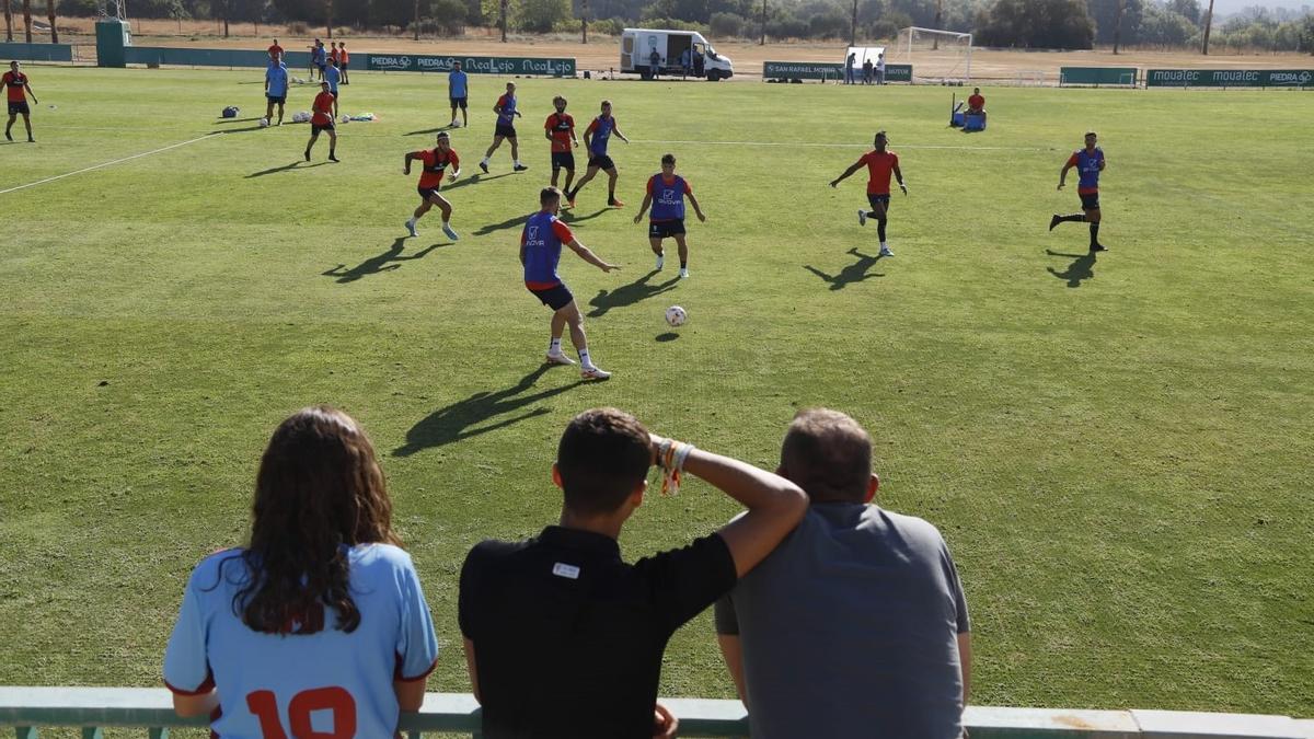Los aficionados siguen el entrenamiento del Córdoba CF este viernes.