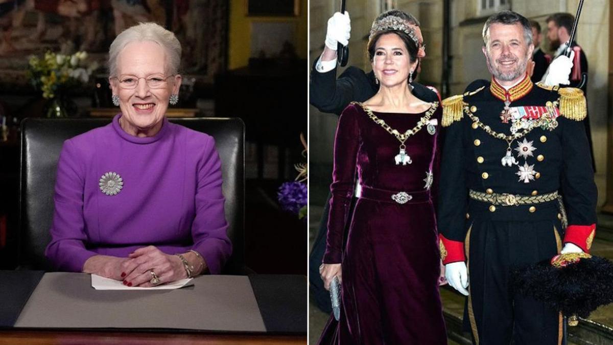 La reina Margarita, durante su discurso de Nochevieja, y los príncipes herederos, en la cena de gala de Año Nuevo.