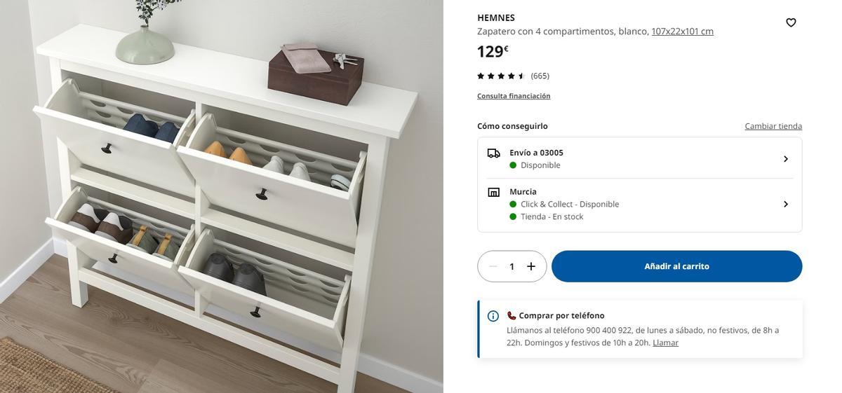 Interior del zapatero Hemnes con cuatro compartimentos.