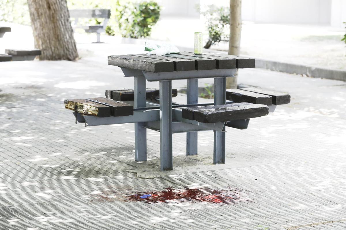 Charco de sangre de la persona herida tras un ataque con machetes en el campus San Francisco de Zaragoza