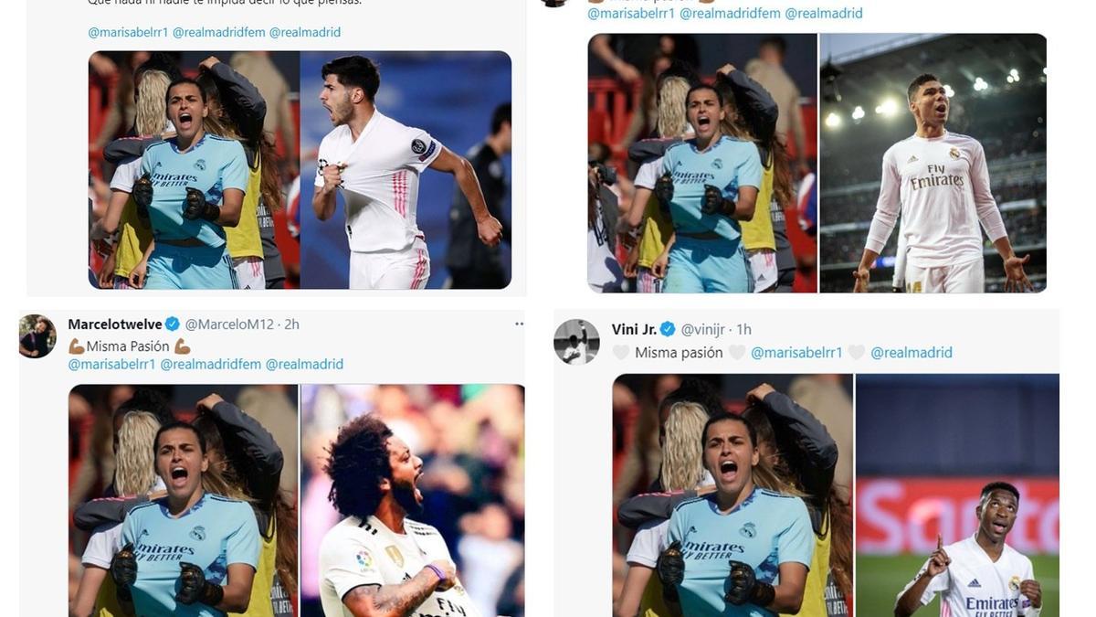 Capturas de pantalla de los tweets de futbolistas como Asensio, Marcelo o Vinicius.