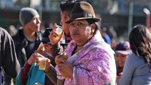 Una mujer indígena, este miércoles, durante la marcha contra las medidas del Gobierno de Lenín Moreno.