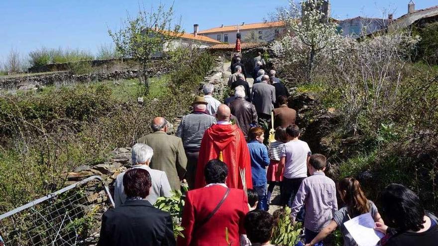 Una procesión de la última Semana Santa discurre entre solares poblados de vegetación en Alcañices.