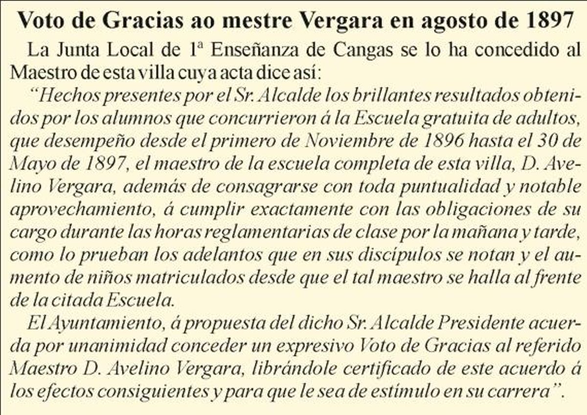 O texto sobre o recoñecemento e "Voto de Gracias" ao mestre Vergara.