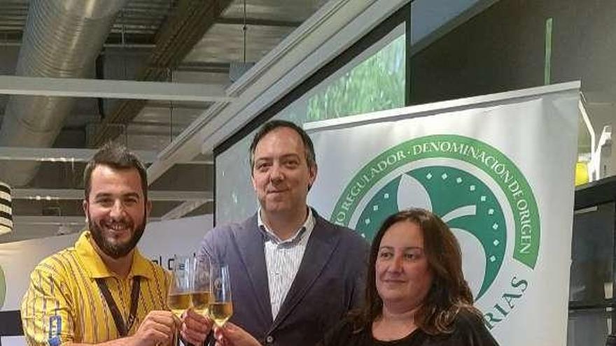 El director de Ikea Asturias, Gerardo Pina, donde se celebró la presentación del Festival de la Manzana, con el alcalde de Villaviciosa, Alejandro Vega, y la edil del Ayuntamiento de Siero Ana Rosa Nosti.