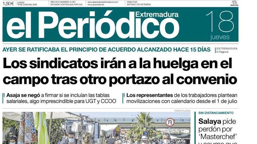 Esta es la portada de EL PERIÓDICO EXTREMADURA correspondiente al día 18 de junio del 2020