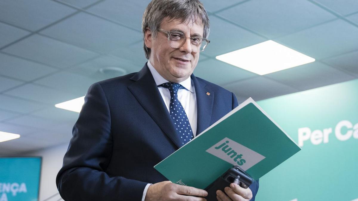 El president de Junts, Carles Puigdemont, el 27 d’octubre durant una compareixença a Perpinyà. | DAVID BORRAT / EFE