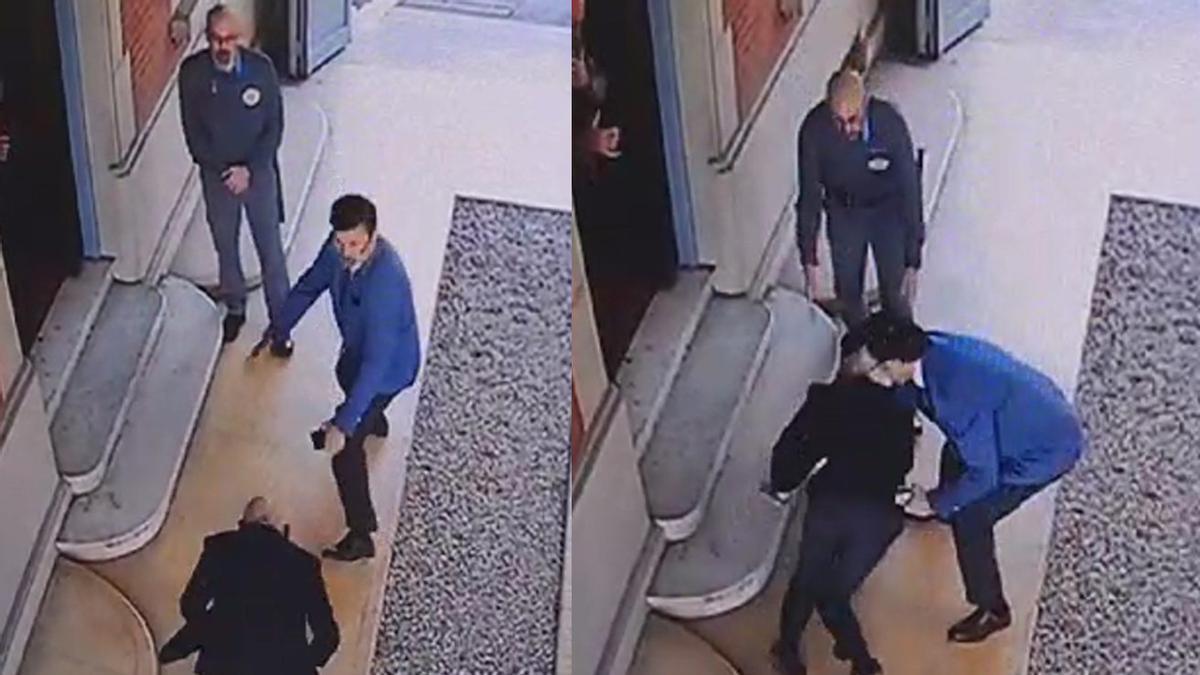 Dos moments del vídeo de la caiguda d’Isak Andic a la seu de Mutua Universal, el 20 de febrer del 2024. | EL PERIÓDICO