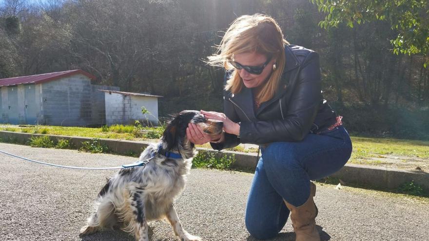 La alcaldesa de Langreo, Carmen Arbesú, acaricia a Penélope en el albergue de animales. | D. O.