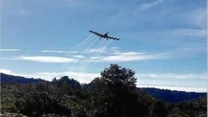 Una avioneta fumigant un bosc gironí afectat per la processionària.