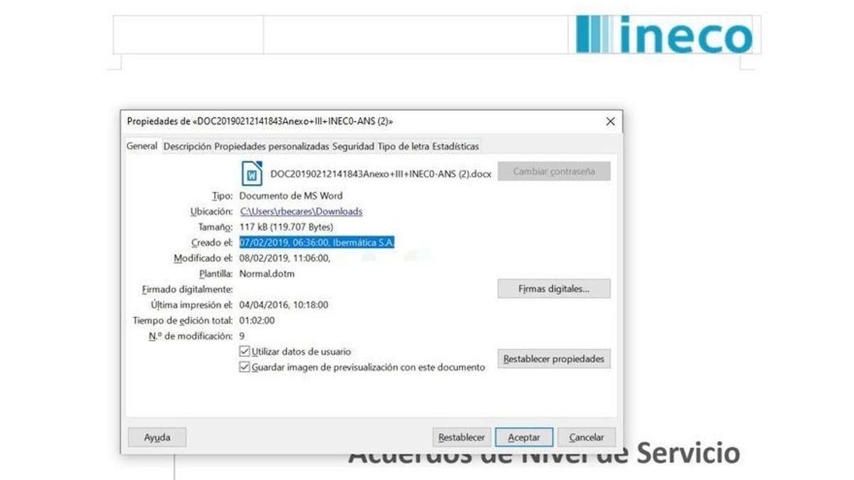 CAPTURA INECO Los metadatos demuestran que el archivo fue creado por IBERMÁTICA S.A., la empresa que acabó ganando la licitación.