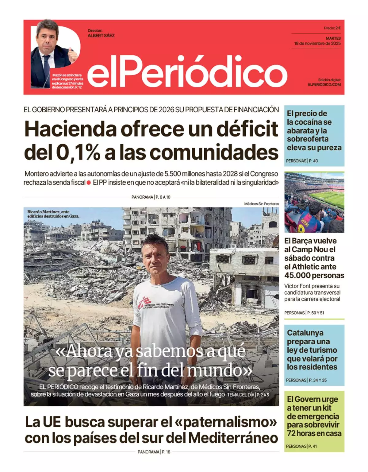 La portada de EL PERIÓDICO del 18 de noviembre de 2025
