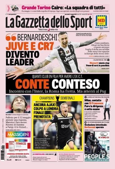 Portada GAZZETTA DELLO SPORT jueves 2 de mayo 2019