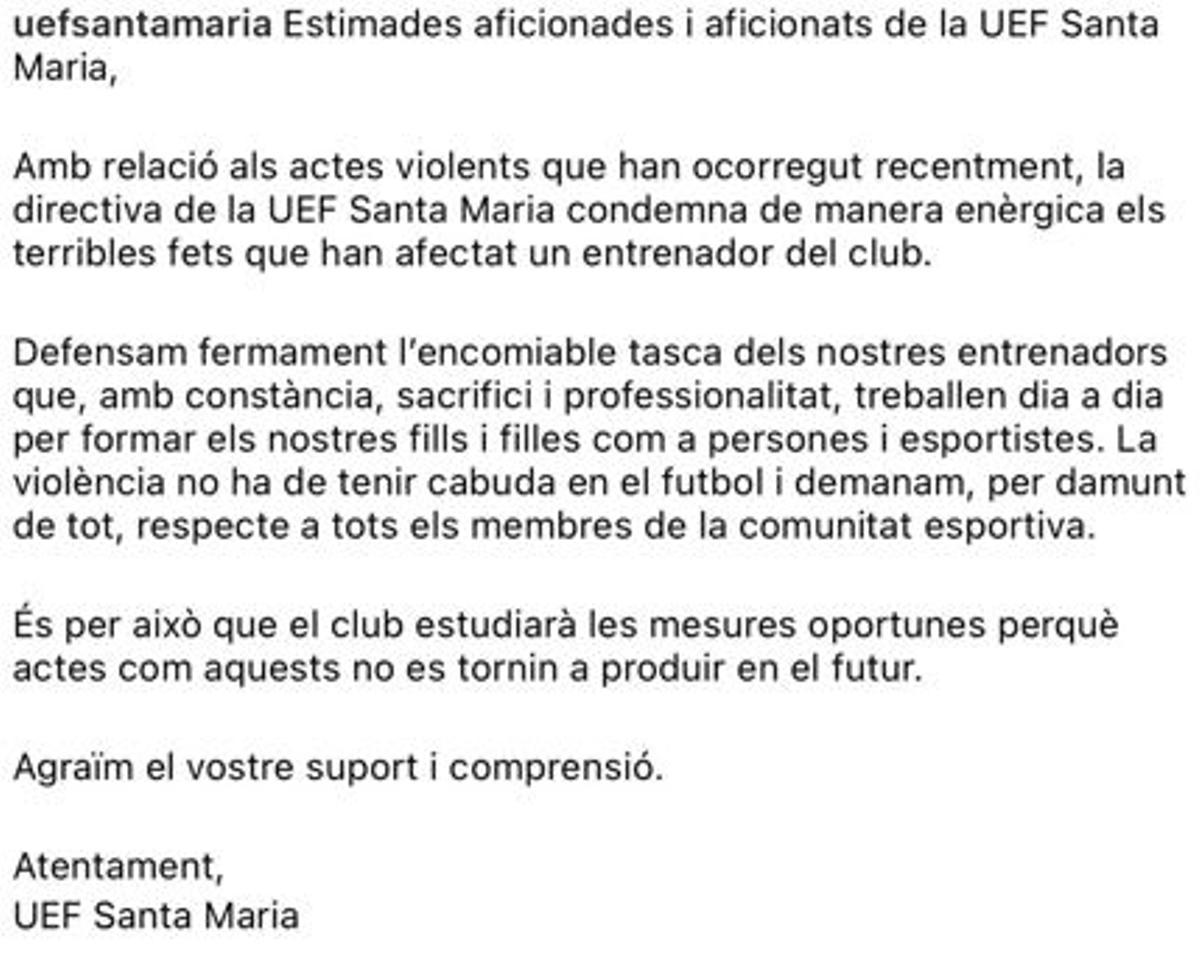 Comunicado del UEF Santa Maria.