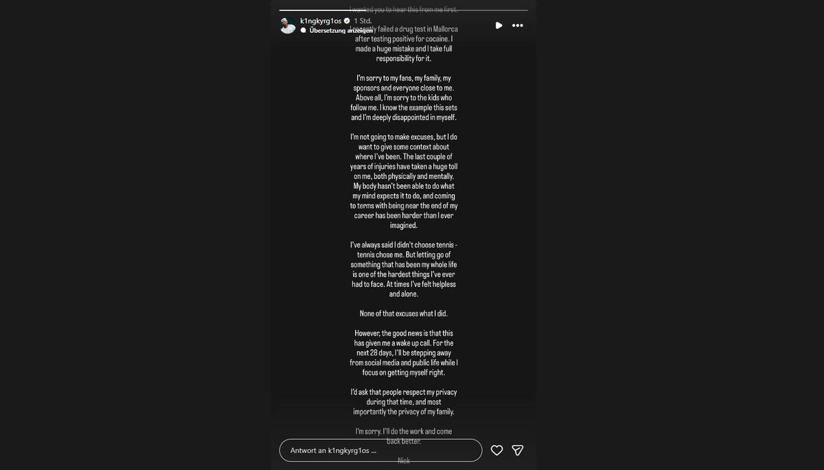 Das schrieb Kyrgios auf Instagram zu dem Vorfall.