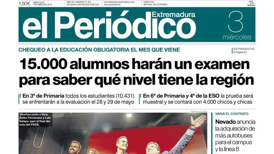 Esta es la portada de EL PERIÓDICO EXTREMADURA correspondiente al día 3 de abril del 2019