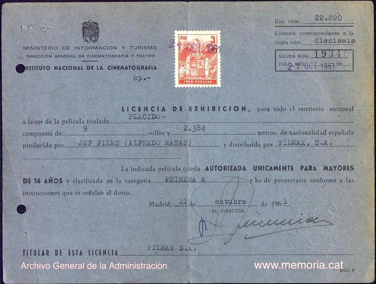 La licencia de exhibición del filme, datada del 21 de octubre de 1961, autorizava la proyección en todo el territorio nacional únicamente para mayores de 16 años