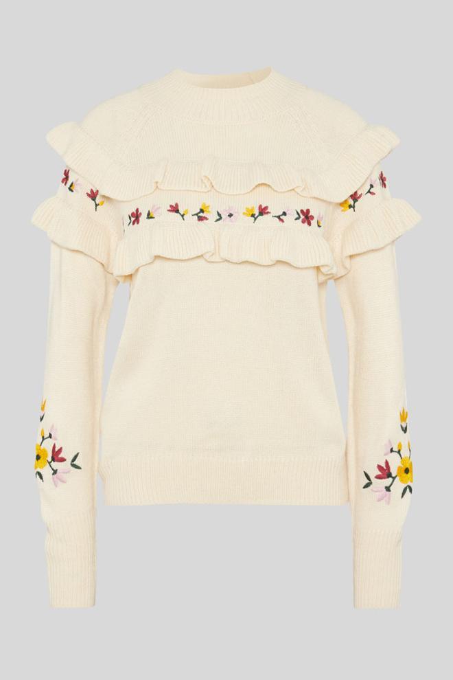 Jersey de color crema con flores bordadas y volantes, de C&amp;A