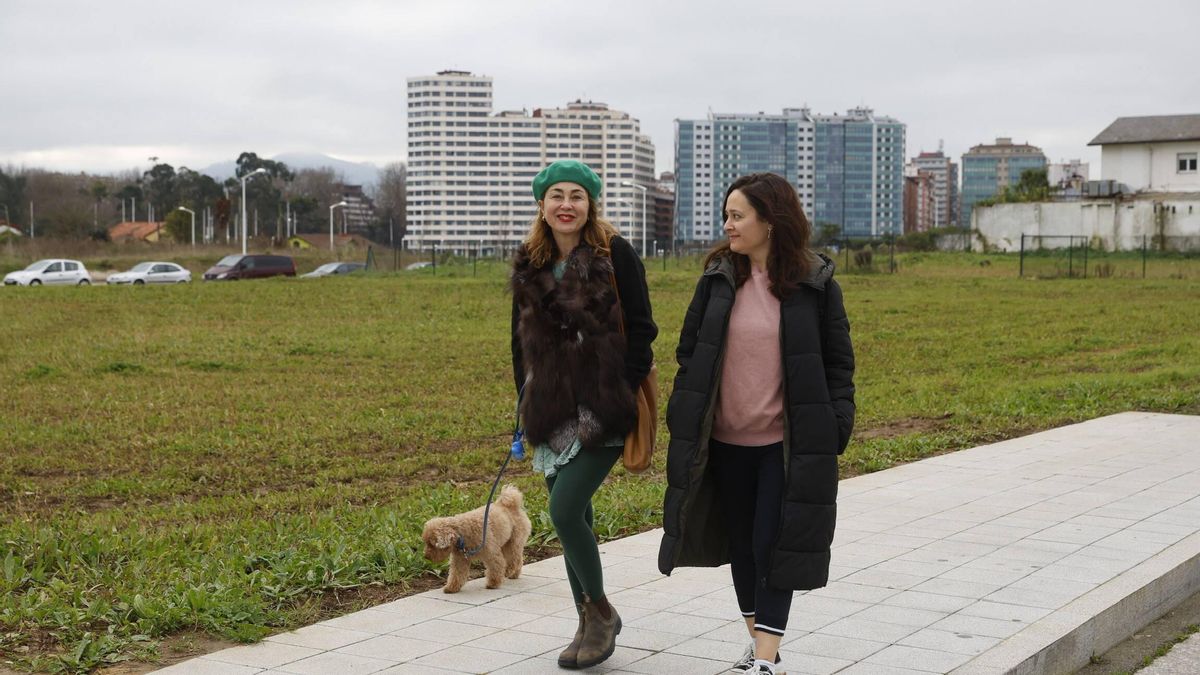 Natalia Cueto y Ana Rodríguez, con el perro "Azafrán", junto a una de las parcelas de la playa verde.